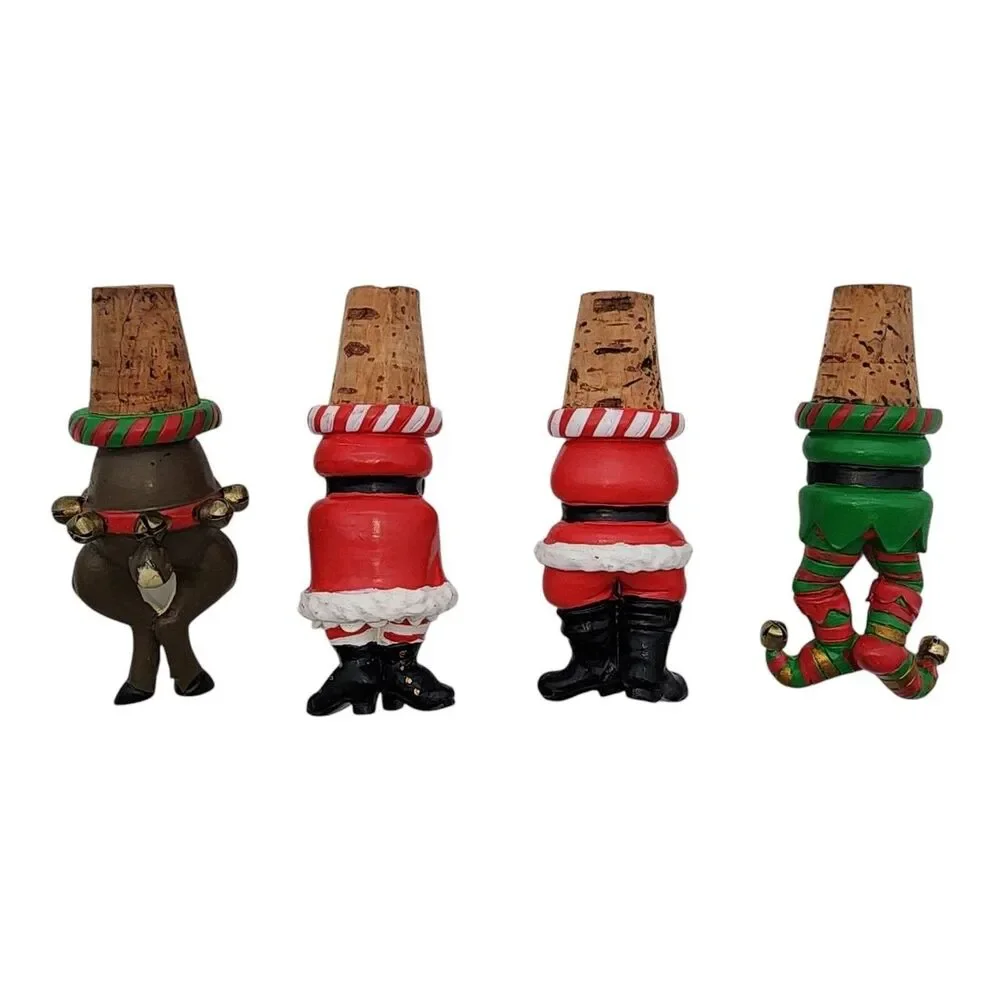 Set of 4 Boston Warehouse Cork Bottle Stoppers Christmas Holiday Santa Elf